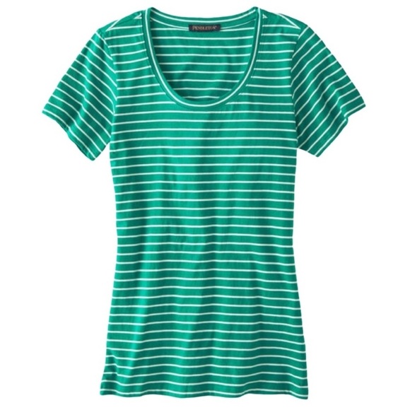 Pendleton Pima Striped Short Sleeve Tee Women’s Size Large Petite Green & White - Picture 1 of 6